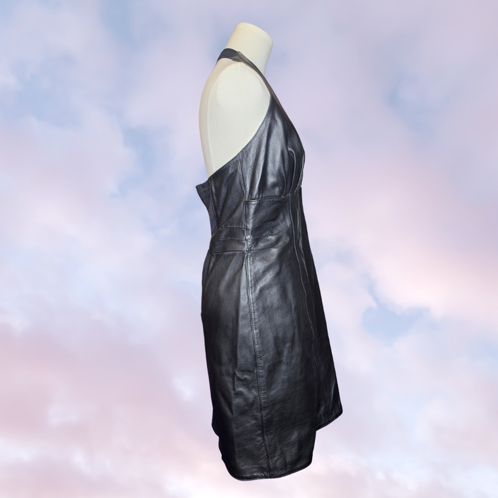 Vtg Harley Davidson Black Leather Halter Biker Punk Blue Flame Mini Dress 10 - Picture 3 of 7